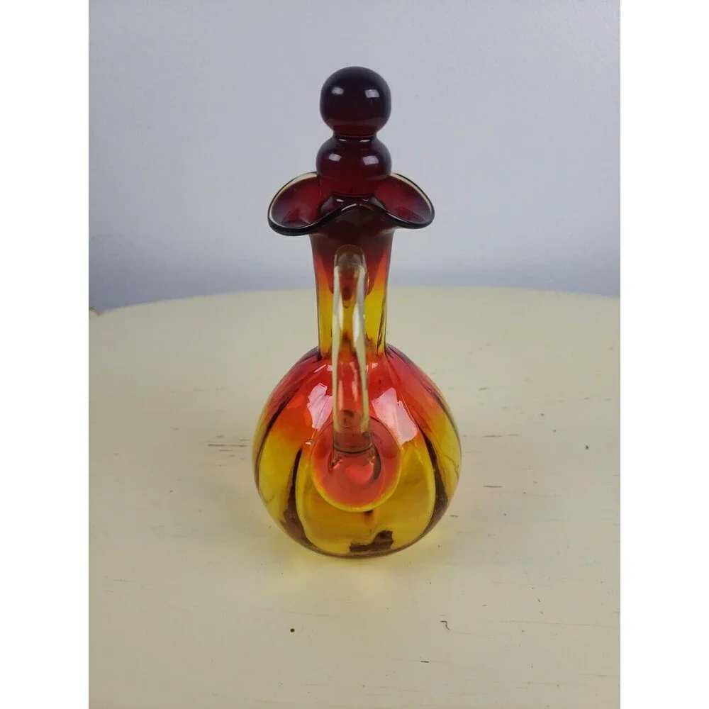 MCM Rainbow Art Glass Amberina Cruet with Stacked Ball Stopper Crimped Rim 6.75